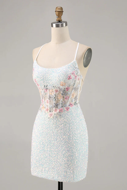 White spaghetti strap tight corset with sequins short back to school dress