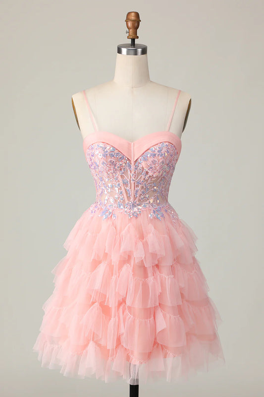 Pink Tiered A Line Sequins Homecoming Dress with Ruffles