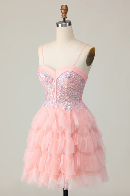 Pink Tiered A Line Sequins Homecoming Dress with Ruffles
