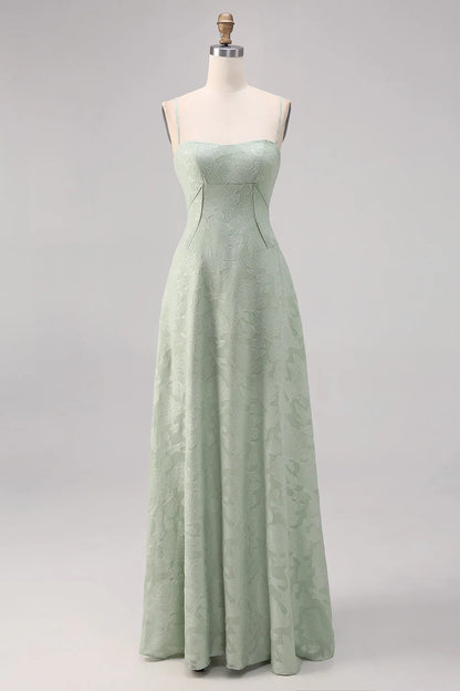 Sage Green A Line Spaghetti Straps Floral Bridesmaid Dress