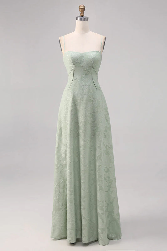 Sage Green A Line Spaghetti Straps Floral Bridesmaid Dress