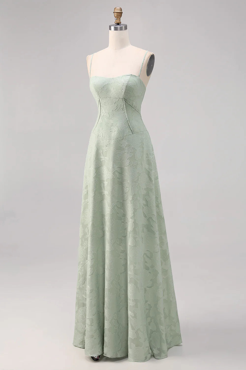 Sage Green A Line Spaghetti Straps Floral Bridesmaid Dress