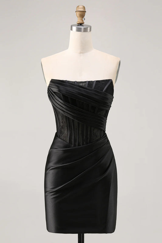 Black Strapless Satin Corset Ruched Bodycon Homecoming Dress