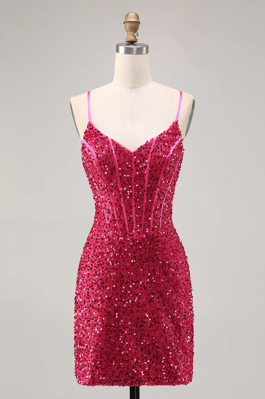 Thin shoulder strap tight corset sequined back to school dress
