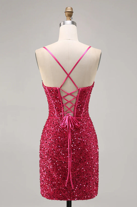 Thin shoulder strap tight corset sequined back to school dress