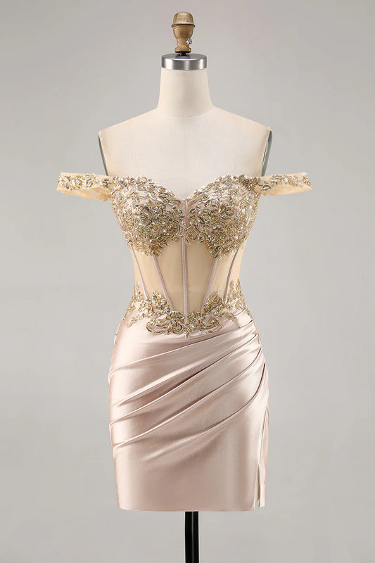 Champagne Bodycon Off The Shoulder Corset Satin Homecoming Dress with Sequins