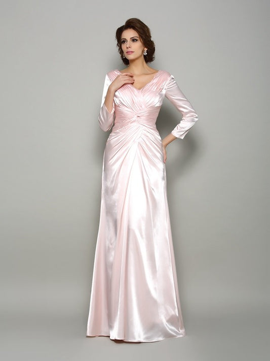 A-Line Silk like Satin V-neck Long Sleeves Floor-Length With Ruched Mother of the Bride Dresses