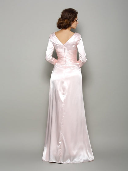 A-Line Silk like Satin V-neck Long Sleeves Floor-Length With Ruched Mother of the Bride Dresses