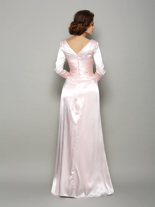 A-Line Silk like Satin V-neck Long Sleeves Floor-Length With Ruched Mother of the Bride Dresses