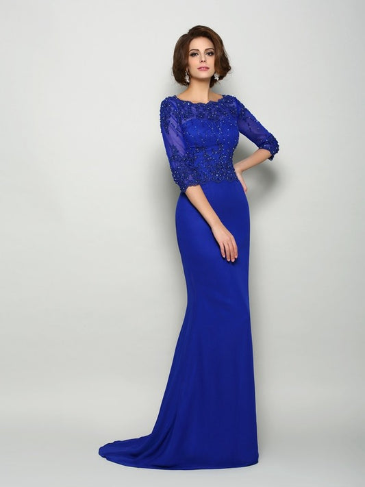 Mermaid Big Round Neck 3/4 Sleeve Beaded Bridal Mother Dress