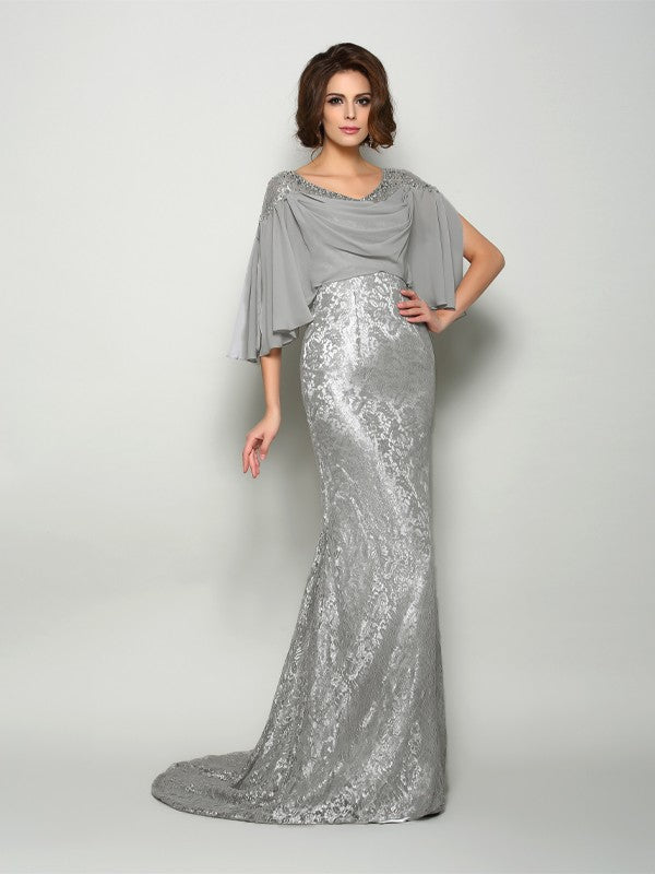 Mermaid Chiffon Scoop 1/2 Sleeves Sweep/Brush Train With Lace Mother of the Bride Dresses