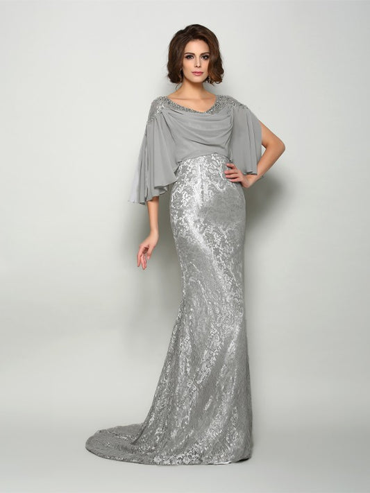 Mermaid Chiffon Scoop 1/2 Sleeves Sweep/Brush Train With Lace Mother of the Bride Dresses