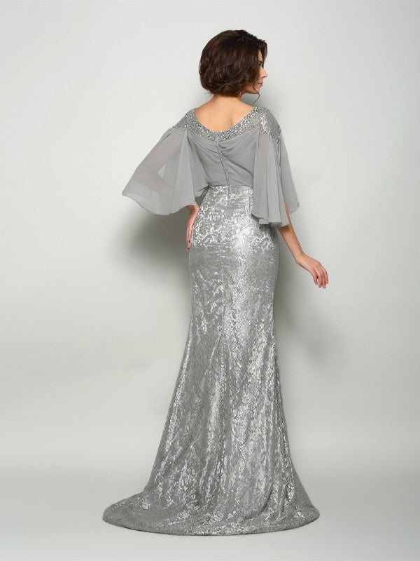 Mermaid Chiffon Scoop 1/2 Sleeves Sweep/Brush Train With Lace Mother of the Bride Dresses
