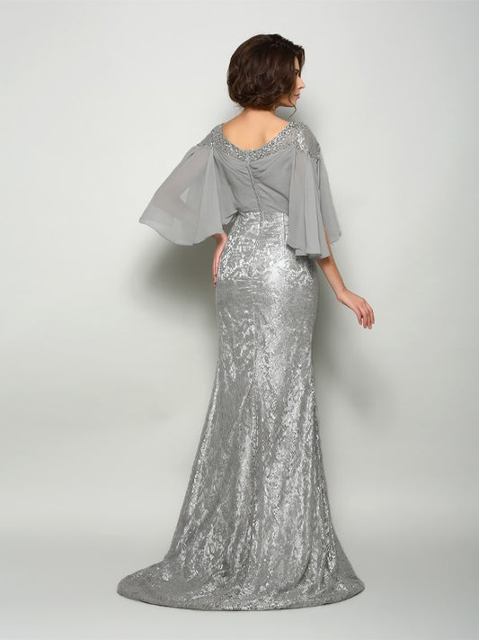 Mermaid Chiffon Scoop 1/2 Sleeves Sweep/Brush Train With Lace Mother of the Bride Dresses