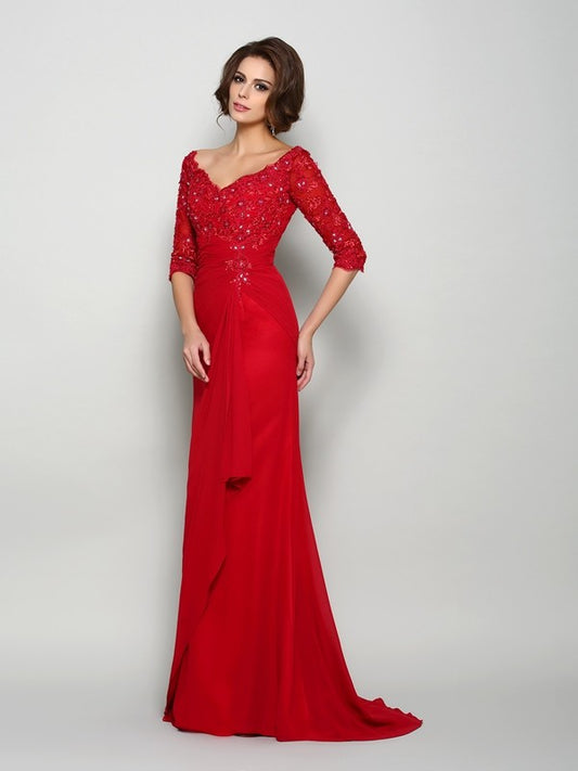 A-Line Chiffon V-neck 1/2 Sleeves Sweep/Brush Train With Beading Mother of the Bride Dresses