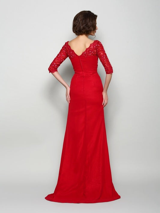 A-Line Chiffon V-neck 1/2 Sleeves Sweep/Brush Train With Beading Mother of the Bride Dresses