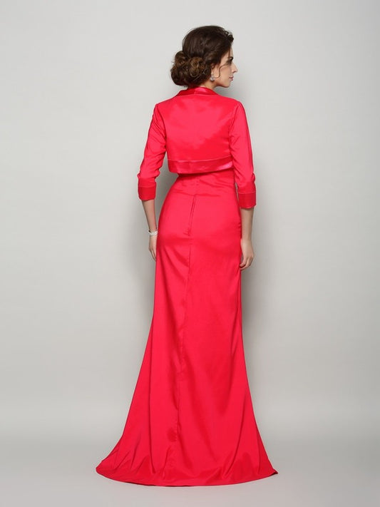 A-Line Elastic Woven Satin Straps Sleeveless Sweep/Brush Train With Applique Mother of the Bride Dresses