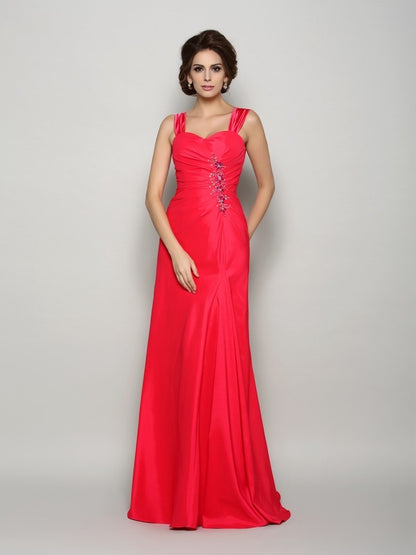 A-Line Elastic Woven Satin Straps Sleeveless Sweep/Brush Train With Applique Mother of the Bride Dresses
