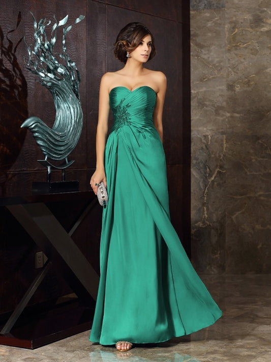 Satin chiffon sweetheart sleeveless floor length dress with beaded bridal gown