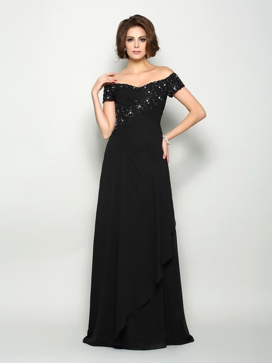A-Line Chiffon Off-the-Shoulder Short Sleeves Sweep/Brush Train With Beading Mother of the Bride Dresses