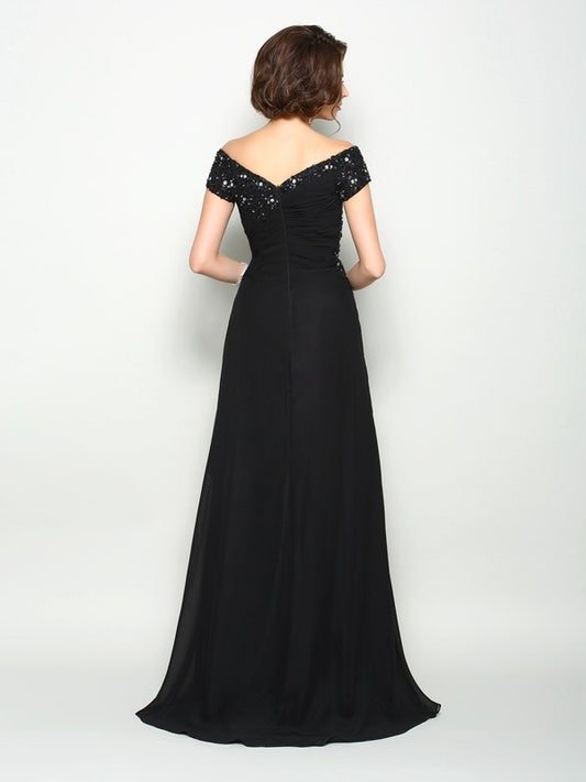 A-Line Chiffon Off-the-Shoulder Short Sleeves Sweep/Brush Train With Beading Mother of the Bride Dresses
