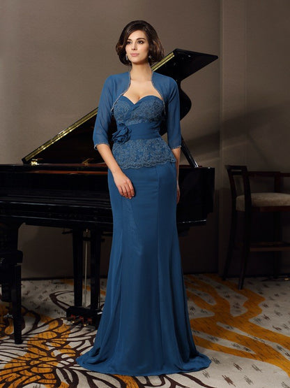 Mermaid Chiffon Sweetheart Sleeveless Sweep/Brush Train With Applique Mother of the Bride Dresses