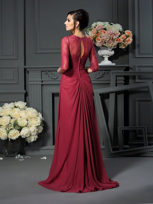 A-Line Chiffon Scoop 1/2 Sleeves Sweep/Brush Train With Applique Mother of the Bride Dresses