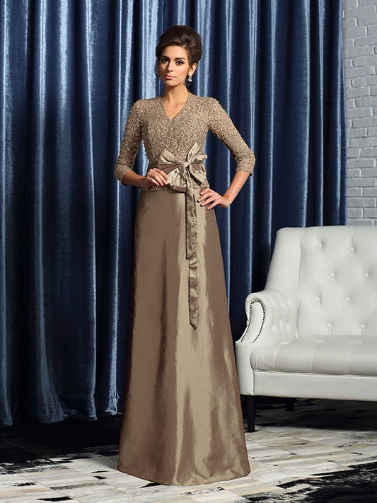 A-Line Taffeta V-neck 3/4 Sleeves Floor-Length With Bowknot Mother of the Bride Dresses