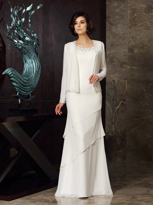Sheath Chiffon Scoop Sleeveless Floor-Length With Beading Mother of the Bride Dresses