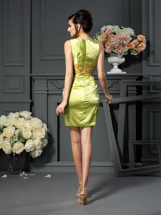 Satin low round neck sleeveless short/mini pearl bridal gown
