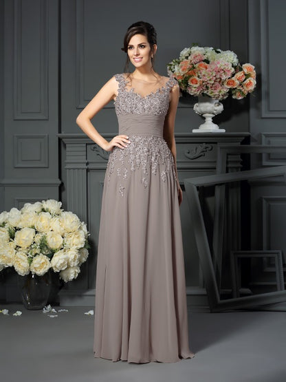 A-Line Chiffon Scoop Sleeveless Floor-Length With Beading Mother of the Bride Dresses