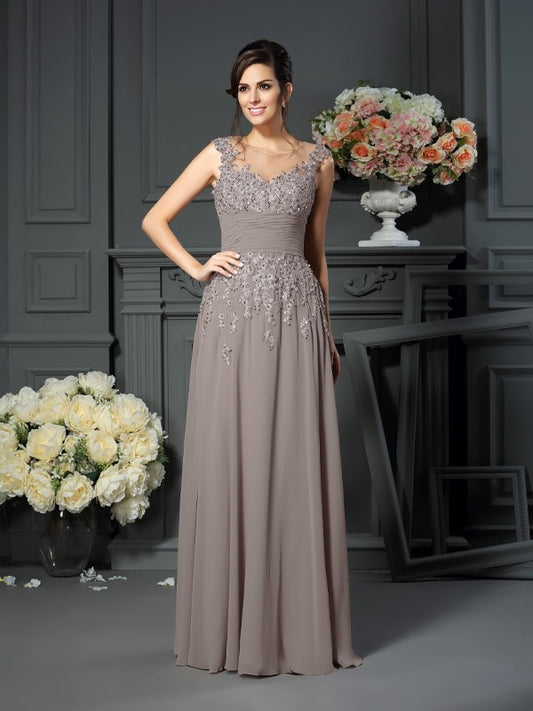 A-Line Chiffon Scoop Sleeveless Floor-Length With Beading Mother of the Bride Dresses