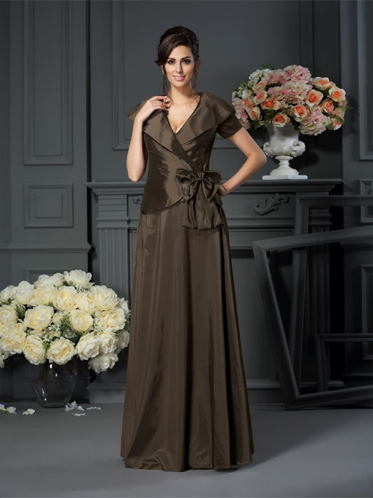 A-Line Taffeta V-neck Short Sleeves Floor-Length With Bowknot Mother of the Bride Dresses