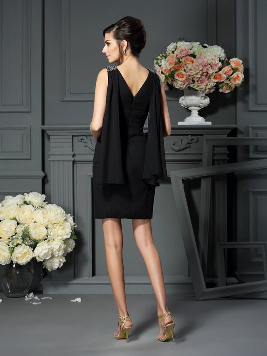 Chiffon low round neck sleeveless short skirt beaded bridal mother dress