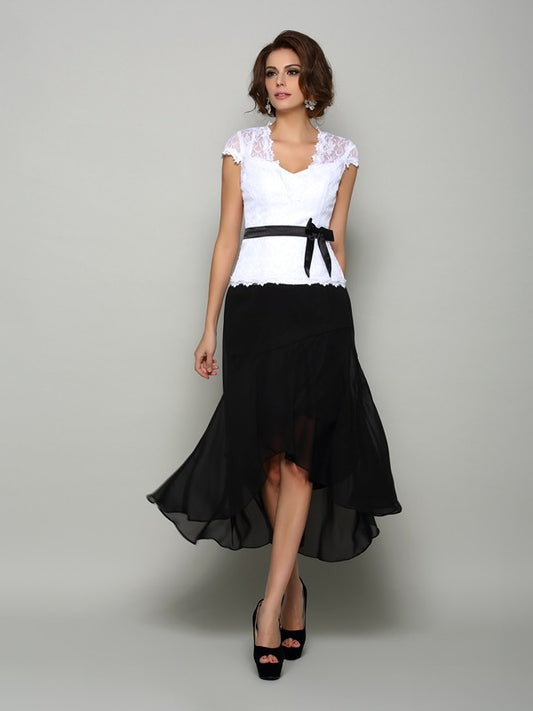 A-Line Chiffon V-neck Sleeveless Asymmetrical With Sash/Ribbon/Belt Mother of the Bride DressesA-Line Chiffon V-neck Sleeveless Asymmetrical With Sash/Ribbon/Belt Mother of the Bride Dresses