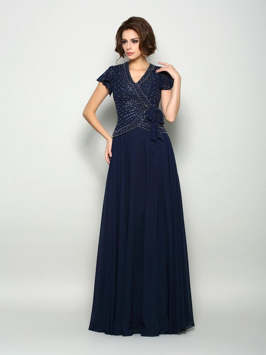 A-Line Chiffon V-neck Short Sleeves Floor-Length With Beading Mother of the Bride Dresses