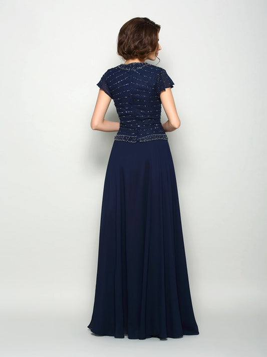 A-Line Chiffon V-neck Short Sleeves Floor-Length With Beading Mother of the Bride Dresses