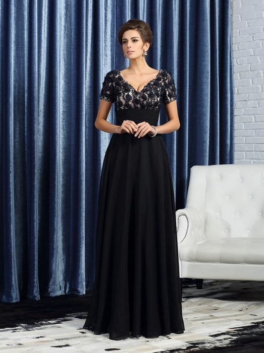A-Line Chiffon V-neck Short Sleeves Floor-Length With Lace Mother of the Bride Dresses
