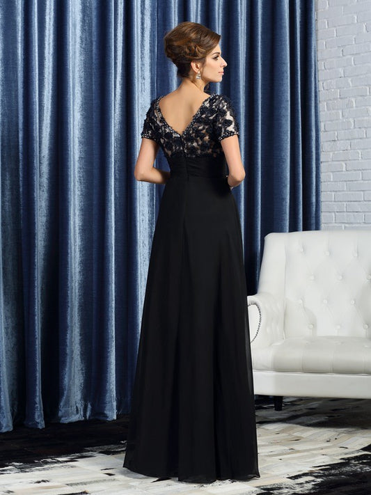 A-Line Chiffon V-neck Short Sleeves Floor-Length With Lace Mother of the Bride Dresses