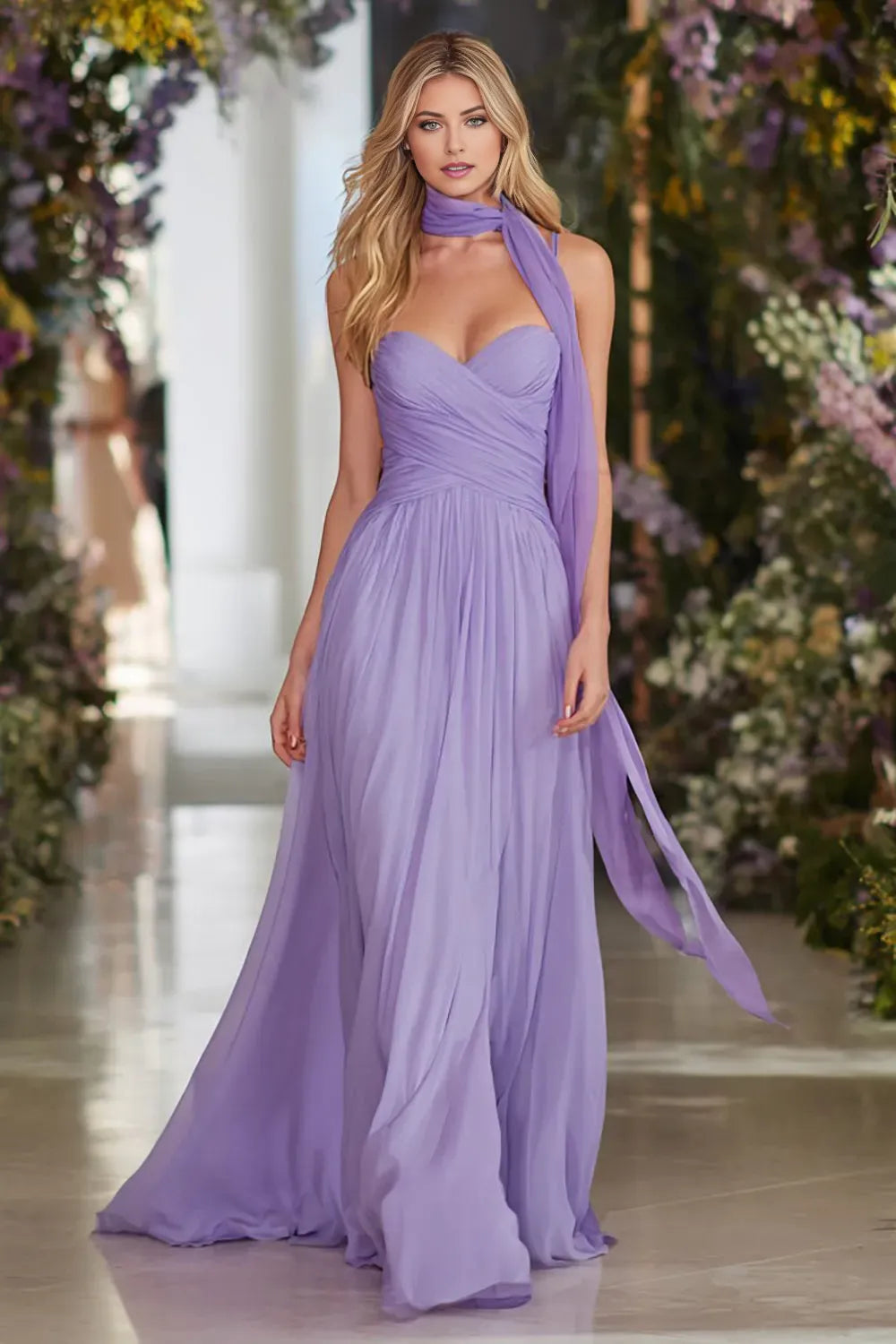 Classic Lilac A-Line Sweetheart Strapless Back Zip Ruched-Bodice Floor-Length Chiffon Prom Dress with Neck Scarf