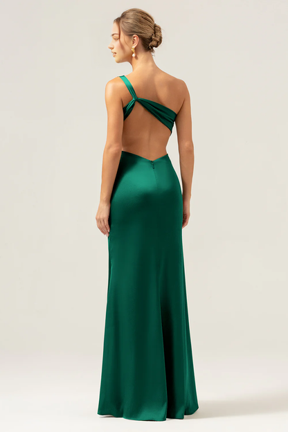 Elegant mermaid one shoulder pleated backless bridesmaid dress