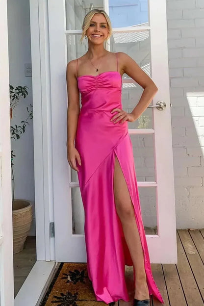 Simple Sheath Spaghetti Straps Pink Long Party Dress with Split Front Prom Dress