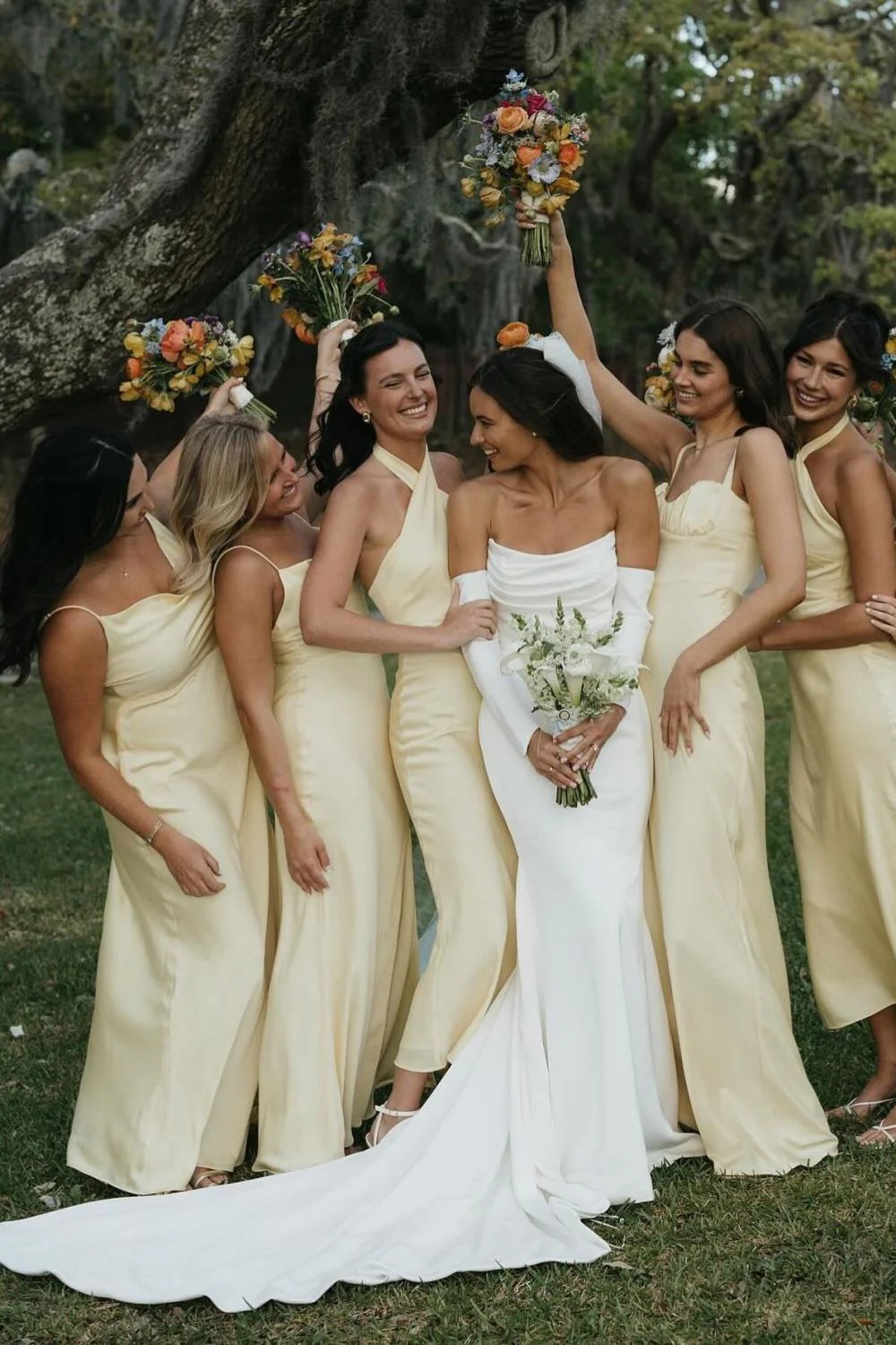 Simple Mermaid Strapless White Satin Long Bridal Dress with Sweep Train