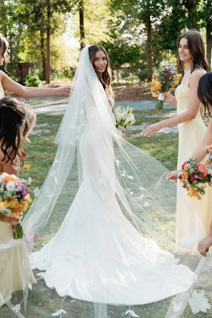 Simple Mermaid Strapless White Satin Long Bridal Dress with Sweep Train