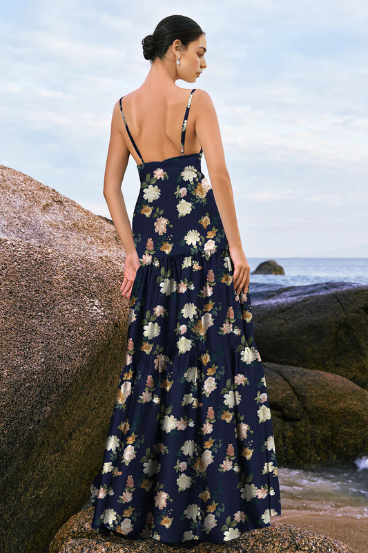 Floral skirt A-line thin shoulder strap satin long bridesmaid dress