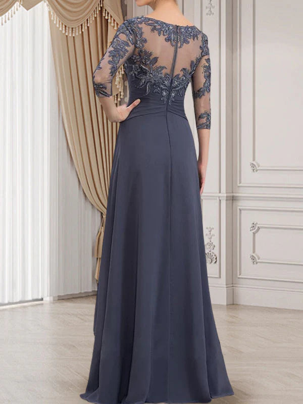 A-line Scoop Illusion Floor-Length Lace Chiffon Mother of the Bride Dress With Cascading Ruffles