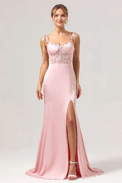 Satin thin shoulder strap tight corset long mermaid bridesmaid dress with slit