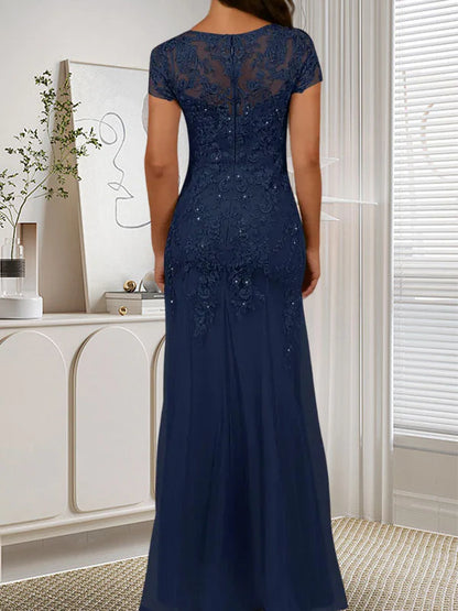 Mermaid round neck sequined chiffon dress long