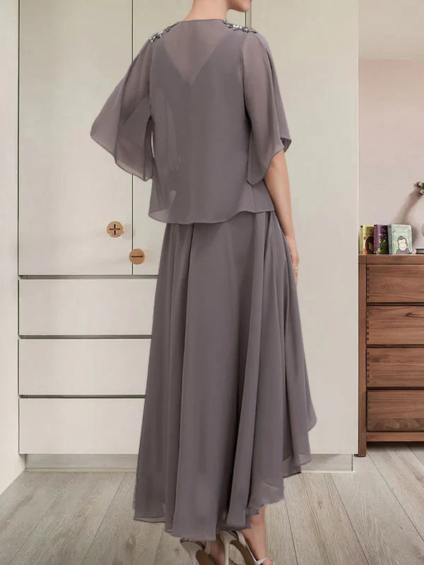 A-line V-Neck Asymmetrical Chiffon Mother of the Bride Dress With Beading Sequins