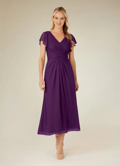 Eucalyptus tree A-line V-neck pleated mesh tea long mother of bride dress